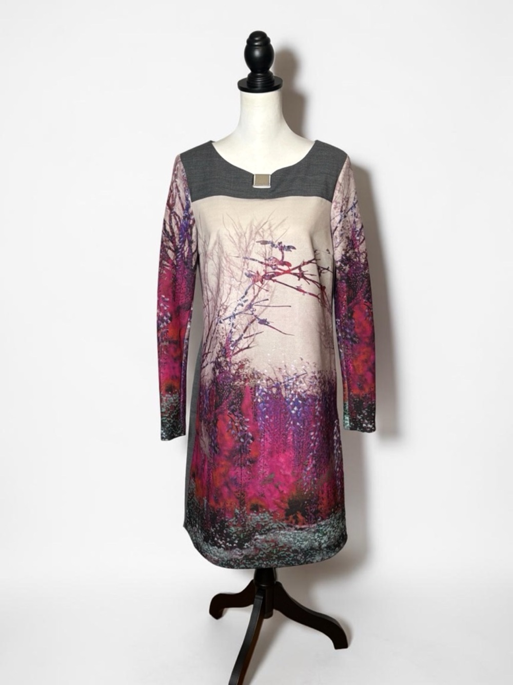 Sfizio Italy Digital Print Forest Front Shift Dress Gray Pink • US 8